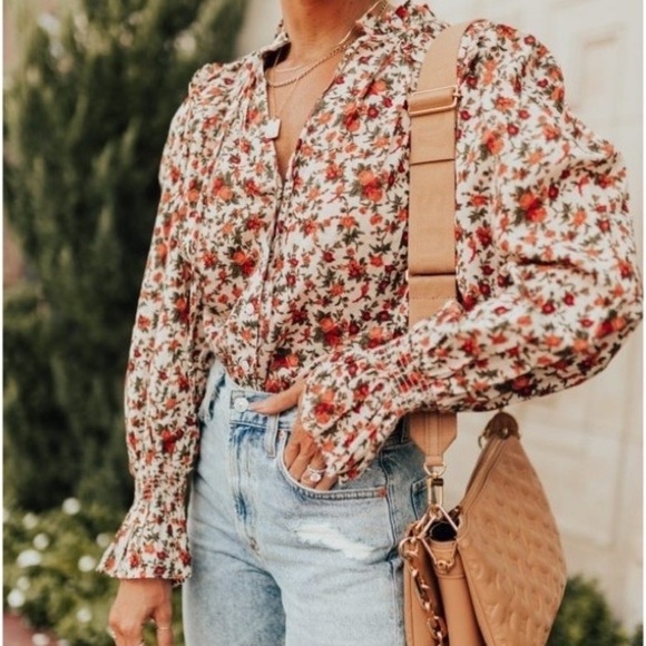 Free People Tops - Free People Meant to Be Floral Tie Neck Top Blouse Vintage Combo